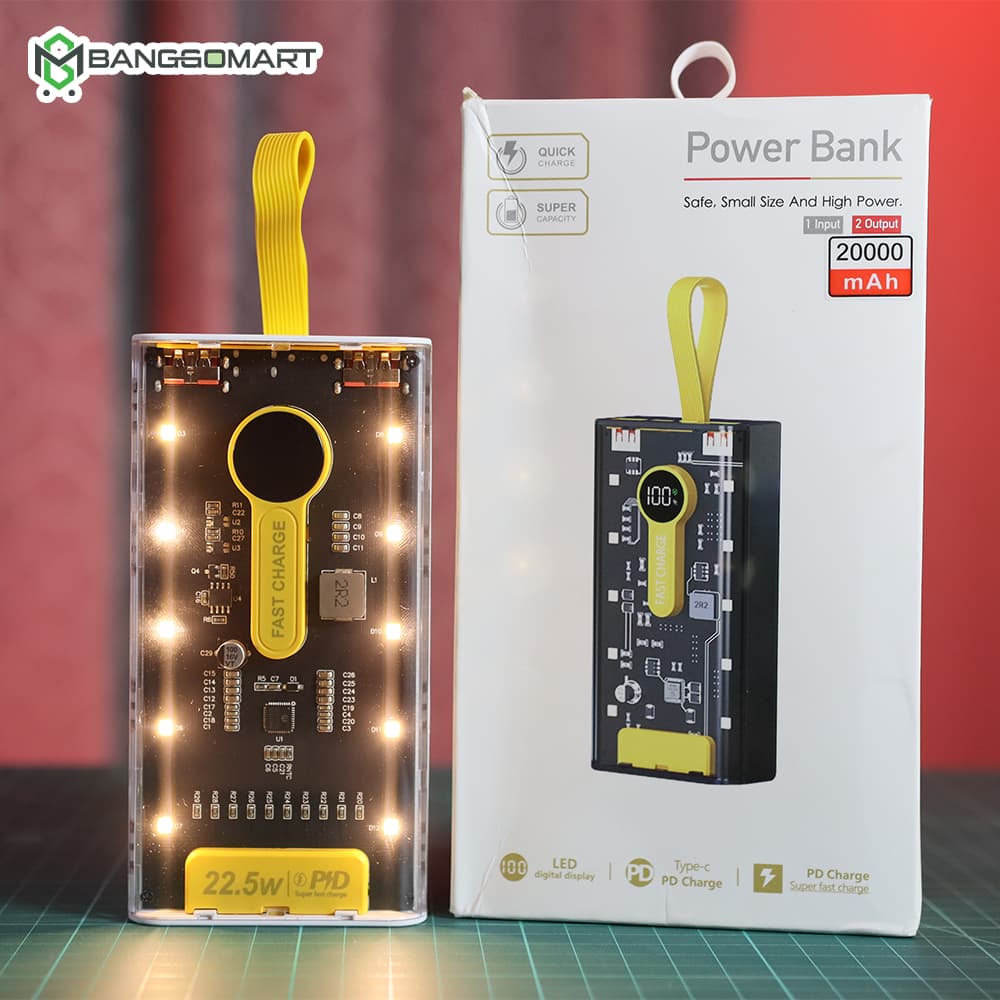 20000mah 66W Transparent Power Bank Portable Fast Charging PD 22W External Battery Charger Powerbank